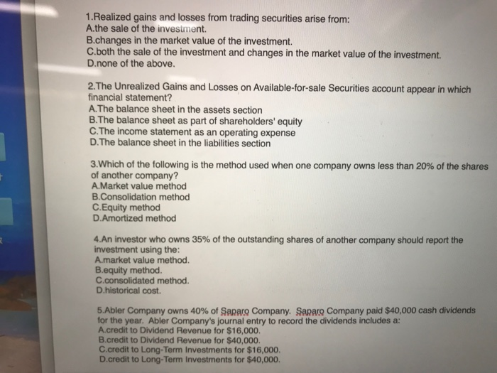 Solved 1. Realized gains and losses from trading securities | Chegg.com