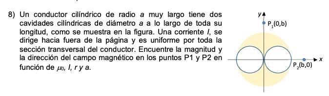 8) Un conductor cilíndrico de radio a muy largo tiene dos cavidades cilíndricas de diámetro a a lo largo de toda su longitud,