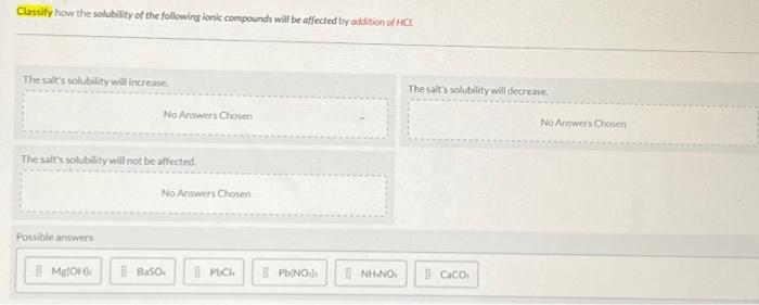 Solved Classify how the solubility of the following ionic | Chegg.com