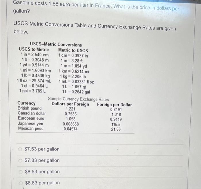 Convert from euros per liter to US dollars per gallon 