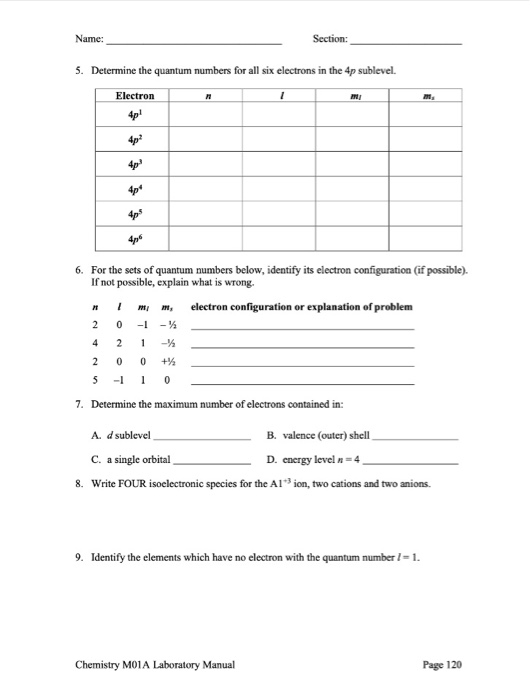 Solved Name: Section: 5. Determine the quantum numbers for | Chegg.com