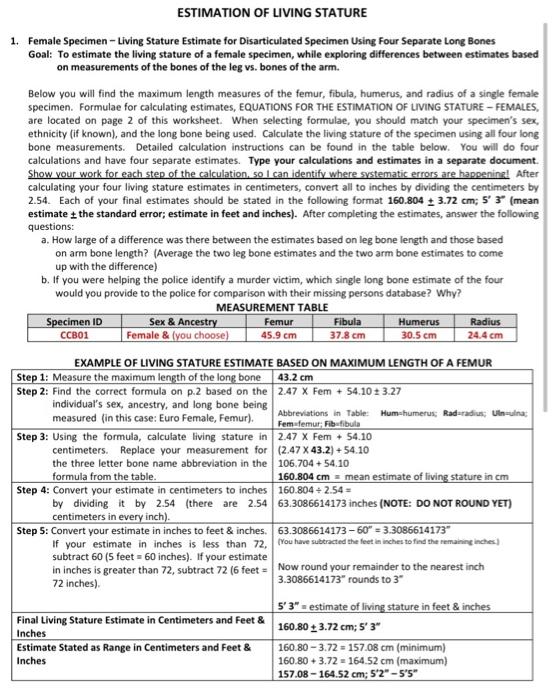 Estimation Of Living Stature 1 Female Specimen Chegg Com