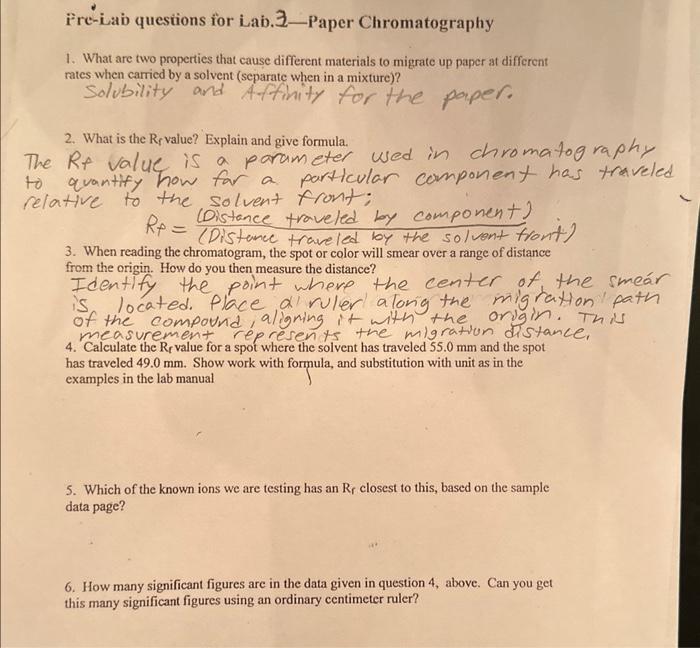 Ṗrc-iab questions for Lab. 1 -Paper Chromatography 1. | Chegg.com