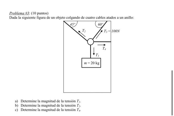 Problema \#3: (10 puntos) Dada la siguiente figura de un objeto colgando de cuatro cables atados a un anillo: a) Determine la