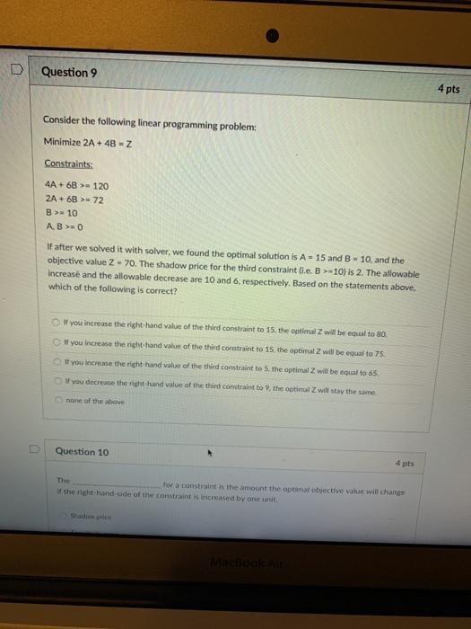 Solved Question 9 4 pts Consider the following linear | Chegg.com