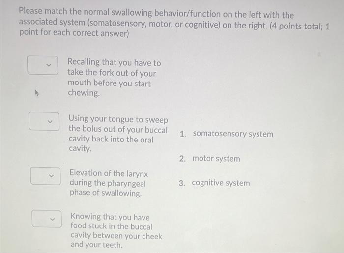 Solved Please match the normal swallowing behavior/function | Chegg.com