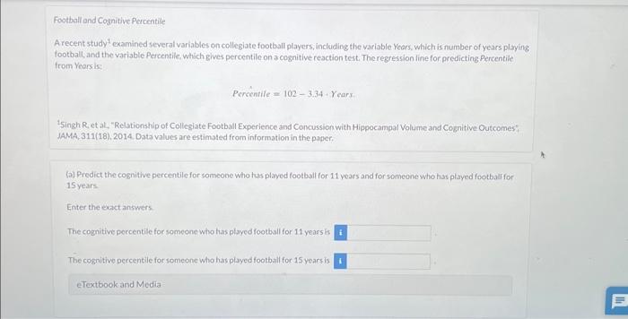 Solved Football and Cognitive Percentile A recent study 1 | Chegg.com