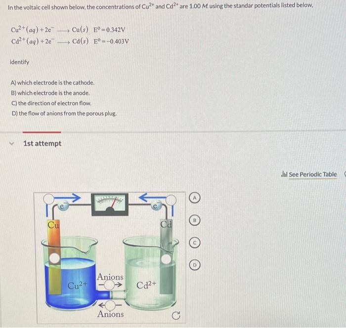 In the voltaic cell shown below, the concentrations of Cu²+ and Cd²+ are 1.00 M. using the standar potentials listed below,
C