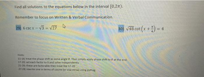 Solved Find all solutions to the equations below in the | Chegg.com