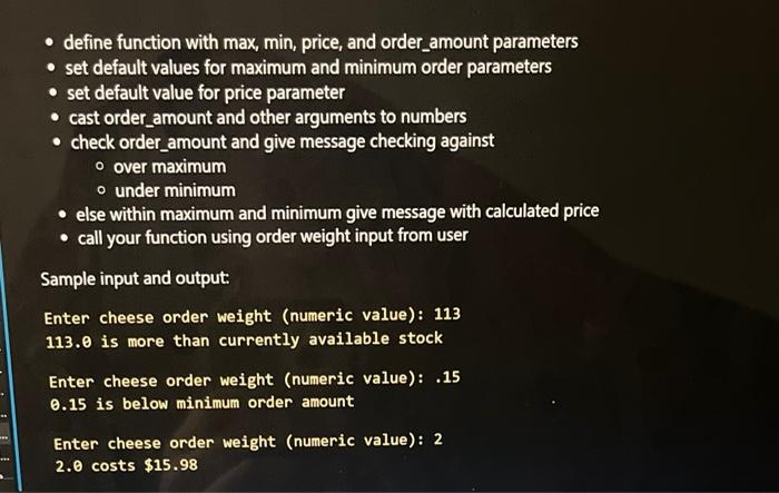 Solved - define function with max, min, price, and | Chegg.com