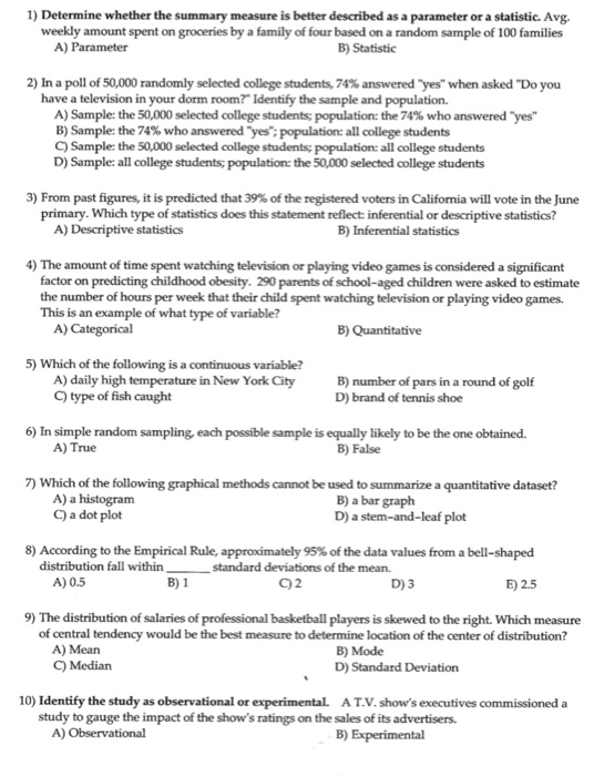 Solved 1 Determine Whether The Summary Measure Is Better Chegg Com