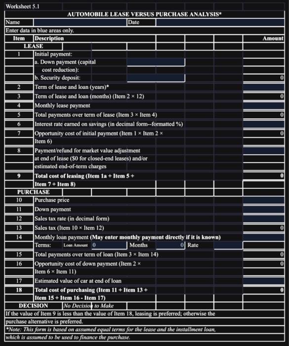 Solved Lease vs. purchase car decision. Use Worksheet 5.1.