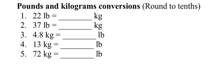 Solved Pounds and kilograms conversions Round to tenths 1. Chegg