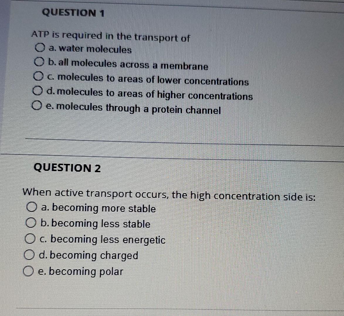 Solved ATP is required in the transport of a. water | Chegg.com