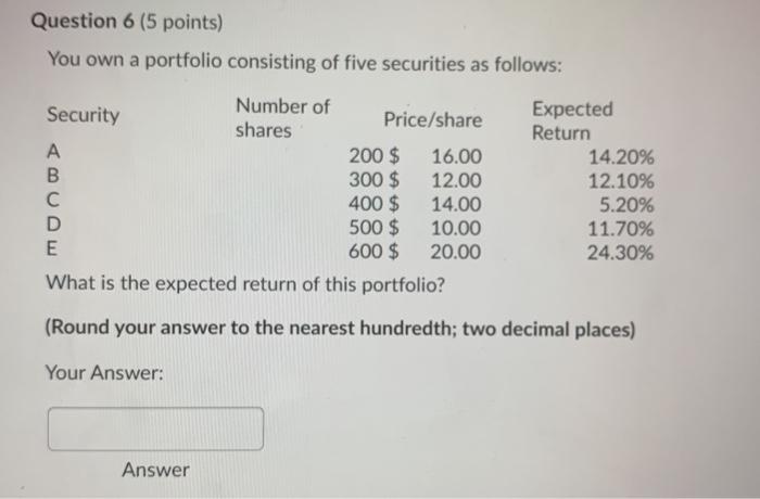 Solved Question 6 (5 points) You own a portfolio consisting | Chegg.com
