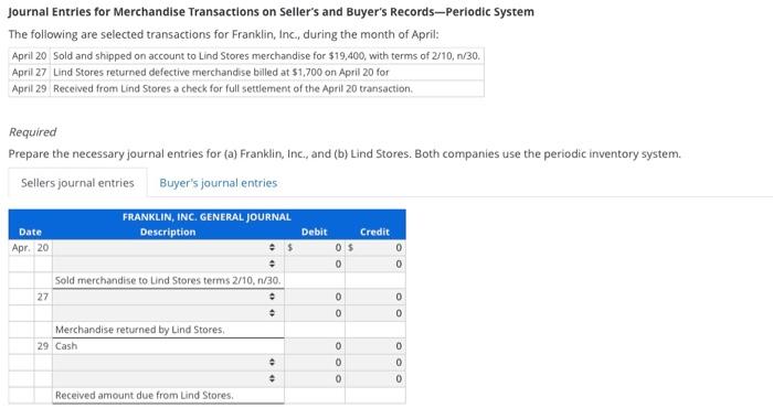 Solved Journal Entries for Merchandise Transactions on | Chegg.com