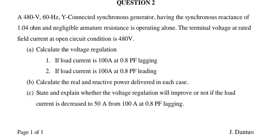 Solved QUESTION 2 A 480-V, 60-Hz, Y-Connected synchronous | Chegg.com