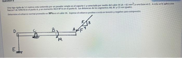 Una viga rigida de 3.1 metros esta sostenida por un pasador simple en el soporte \( C \) y conectada por medio del cabie DE \