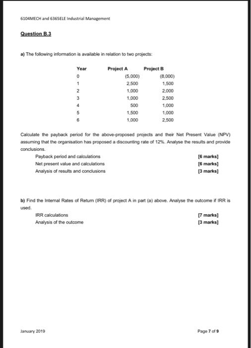 6104MECH and 6365ELE Industrial Management Question B.3 a) The following information is available in relation to two projects