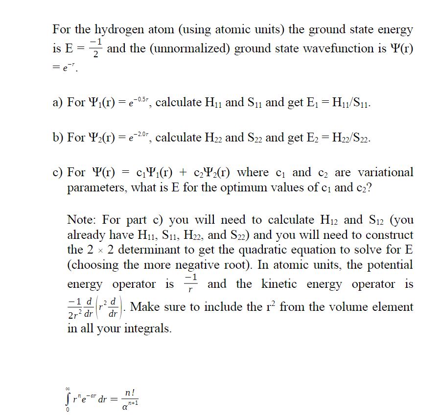 Solved For the hydrogen atom (using atomic units) ﻿the | Chegg.com