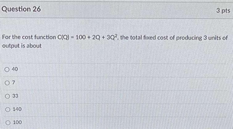 Solved Question 26 3 pts For the cost function C(Q) - 100 + | Chegg.com