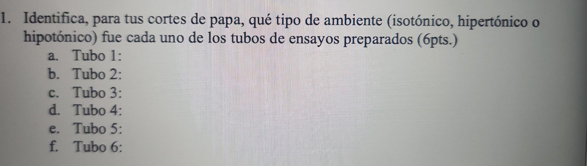 Identifica, para tus cortes de papa, qué tipo de ambiente (isotónico, hipertónico o hipotónico) fue cada uno de los tubos de
