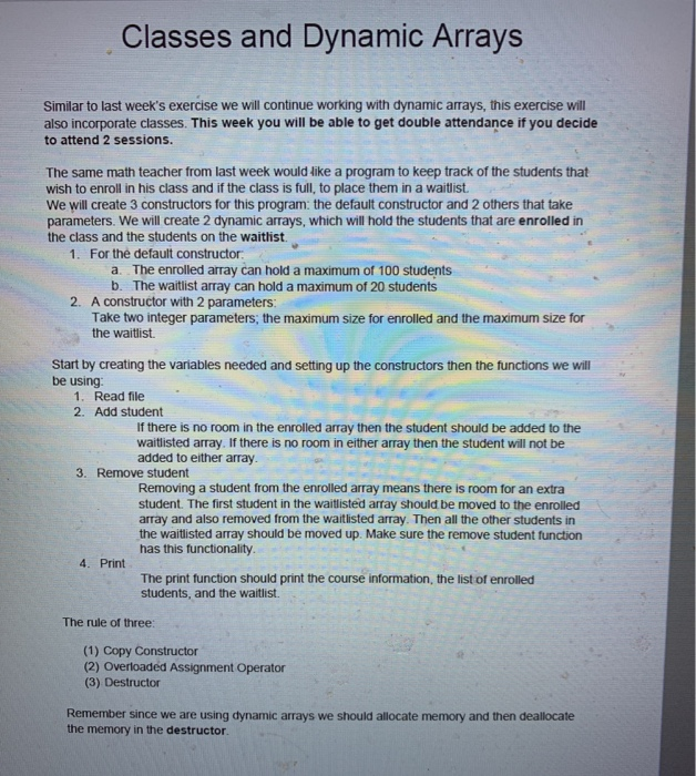 Solved Classes and Dynamic Arrays Similar to last week's | Chegg.com