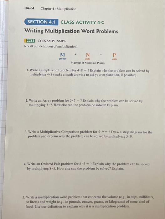 Solved CA 84 Chapter 4 Multiplication SECTION 4.1 CLASS Chegg