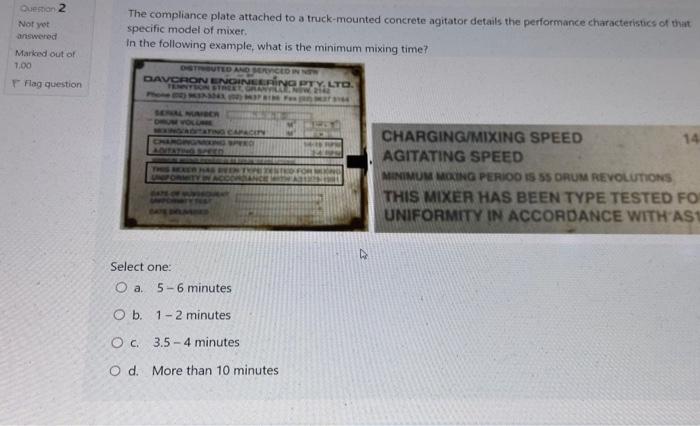 The compliance plate attached to a truck-mounted concrete agitator details the performance characteristics of that specific m