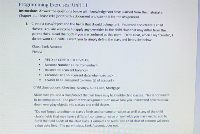 a Programming Exercises: Unit 11 Instructions: Answer | Chegg.com