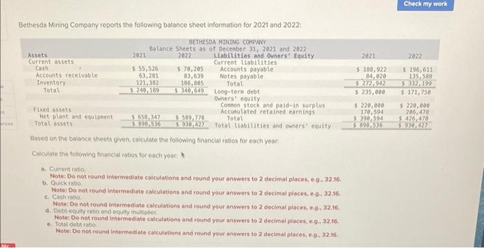 Bethesda Mining Company reports the following balance sheet information for 2021 and 2022:
Based on the balance sheets given,