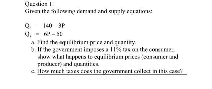 Solved Question 1: Given the following demand and supply | Chegg.com