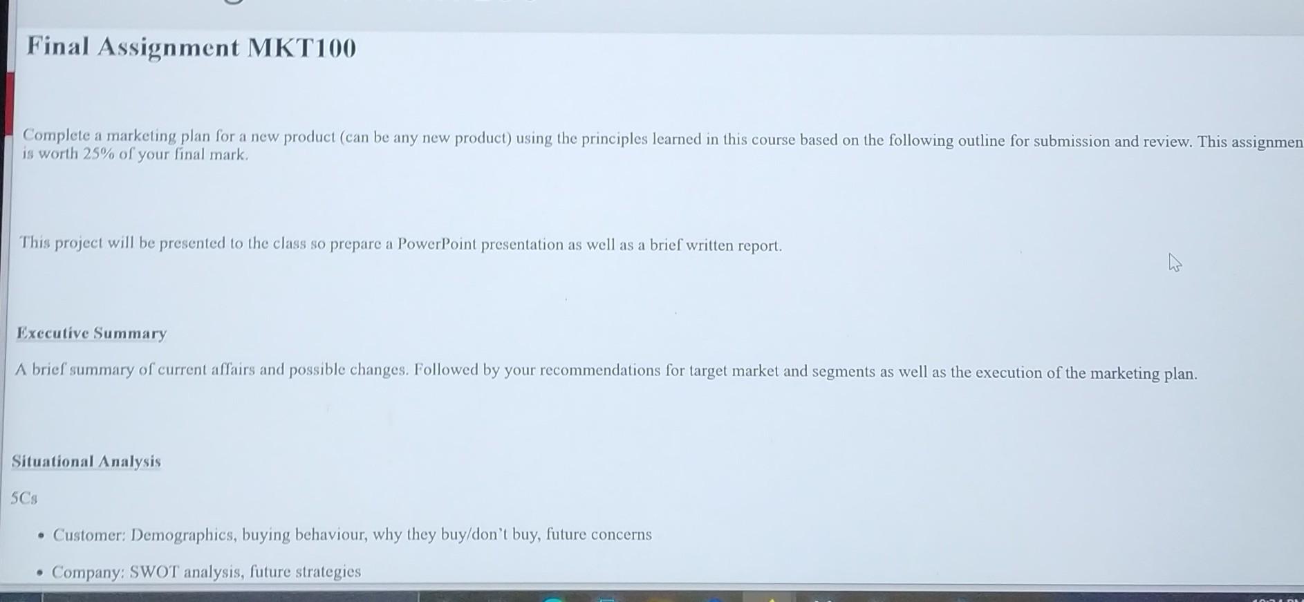 Solved Final Assignment MKT100 Complete a marketing plan for | Chegg.com