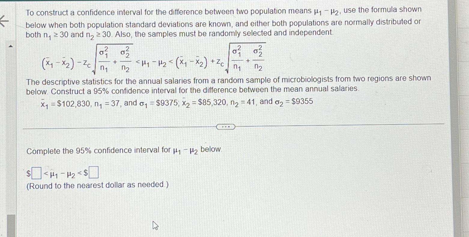 Solved To construct a confidence interval for the difference | Chegg.com