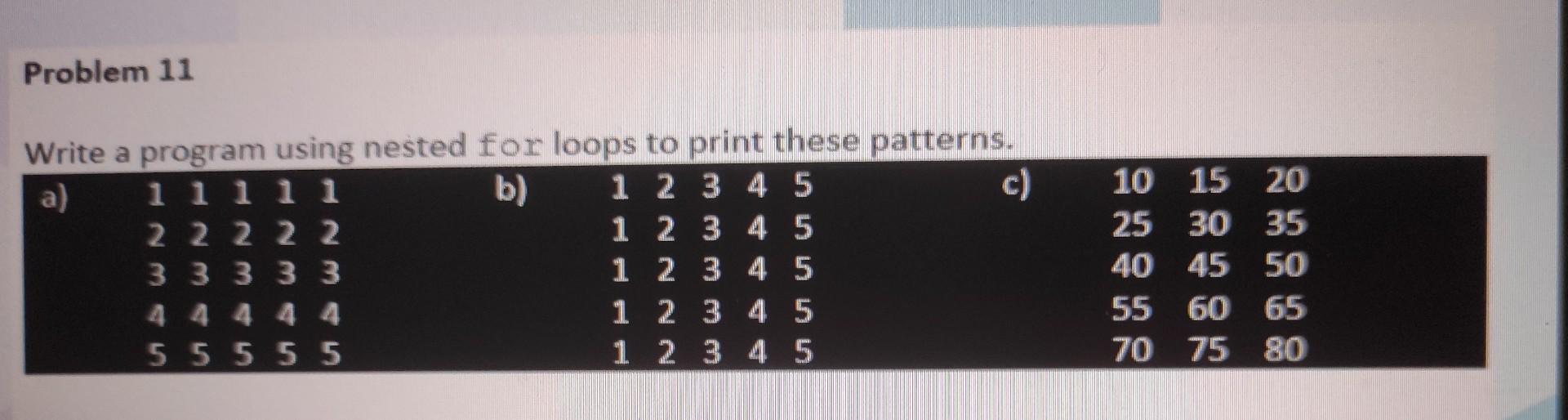 Solved Problem 11 Write a program using nested for loops to | Chegg.com