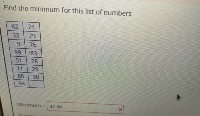 Solved Find the minimum for this list of numbers 82 74 33 79 | Chegg.com