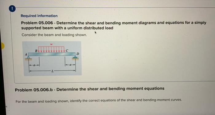 Required information
Problem 05.006 - Determine the shear and bending moment diagrams and equations for a simply supported be