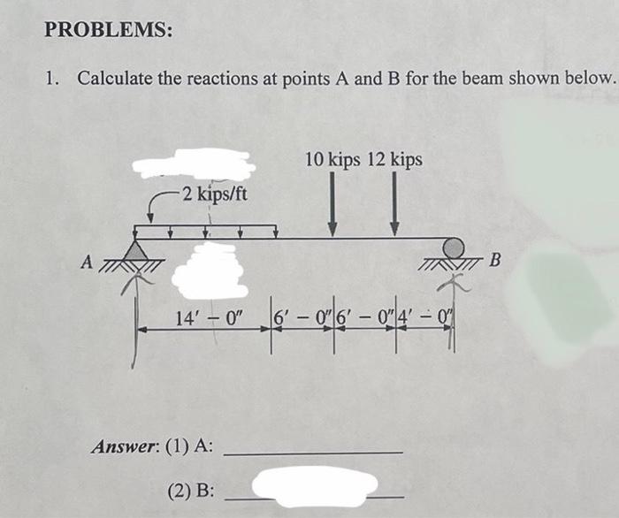 Solved 1. Calculate the reactions at points A and B for the | Chegg.com