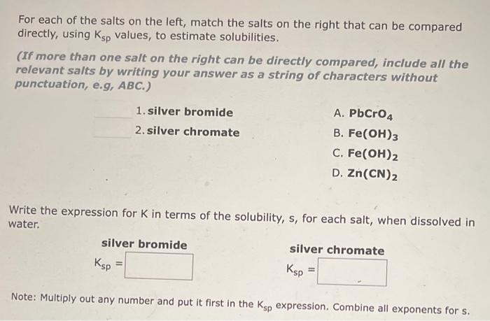 Solved For each of the salts on the left, match the salts on | Chegg.com