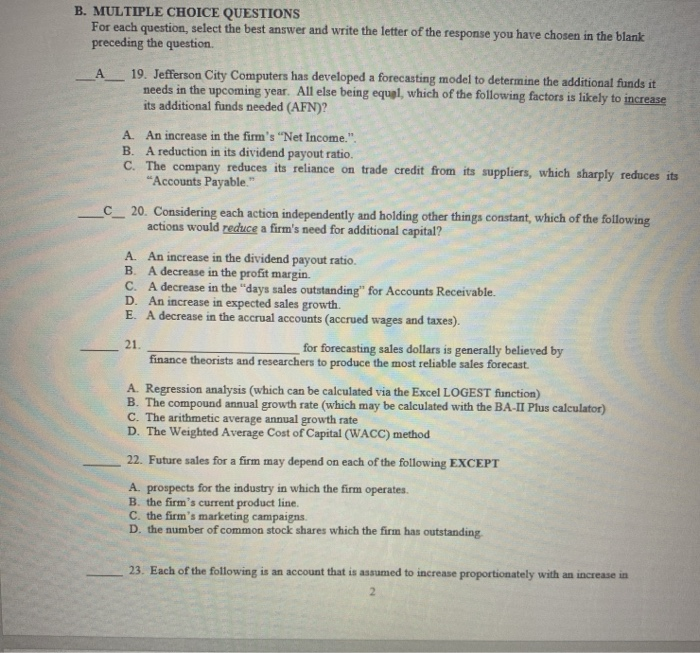 Solved B. MULTIPLE CHOICE QUESTIONS For each question, | Chegg.com