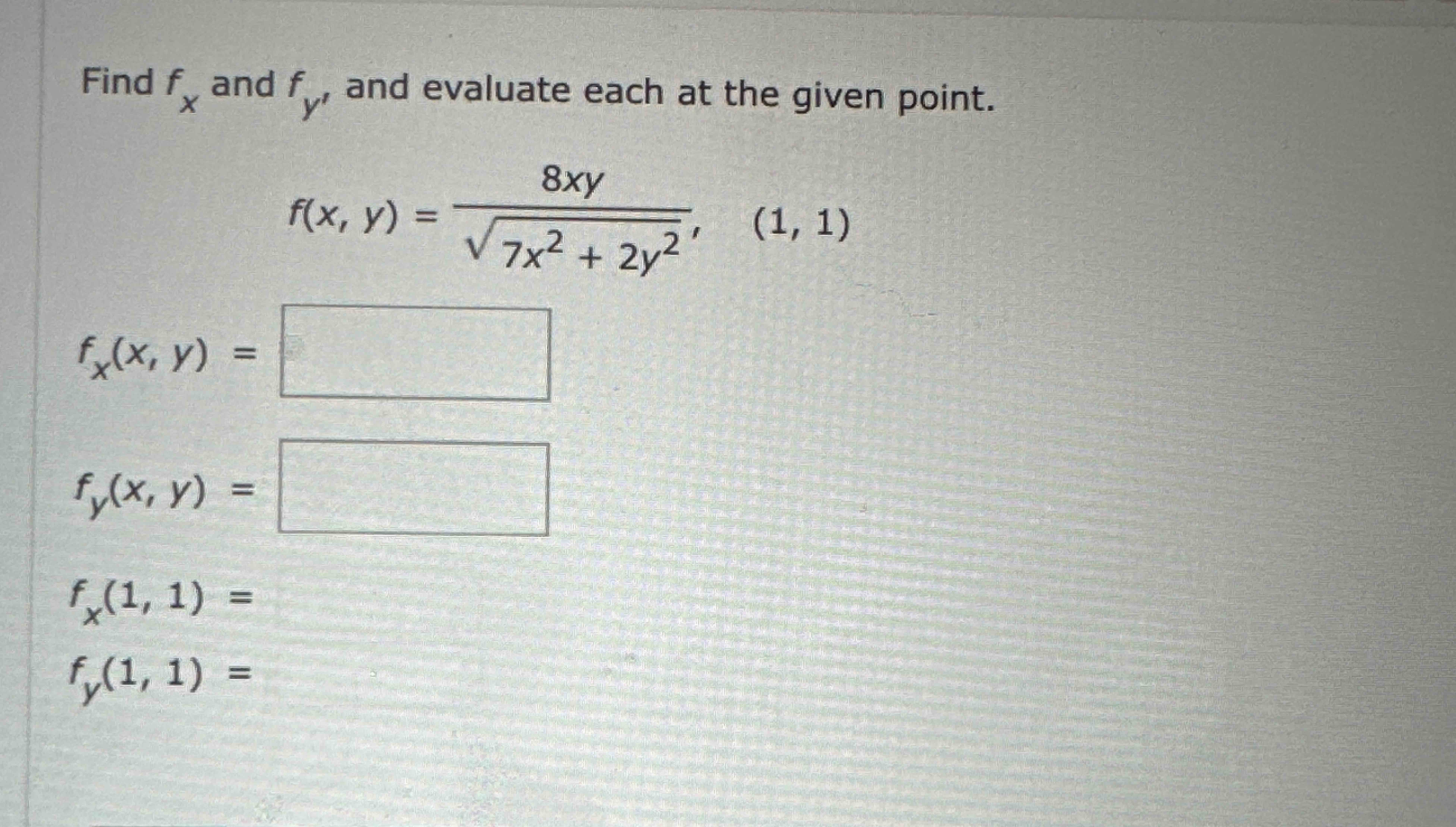 Solved Find fx ﻿and fy' ﻿and evaluate each at ﻿the given | Chegg.com