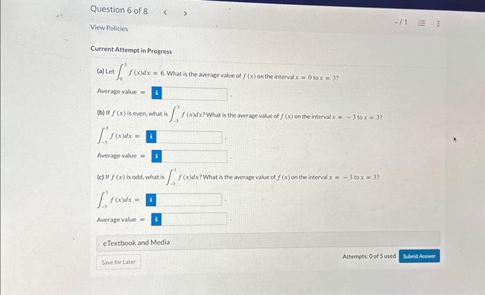 Solved Current Attempt In Progress (a) Let ∫03f(x)dx=6. What | Chegg.com