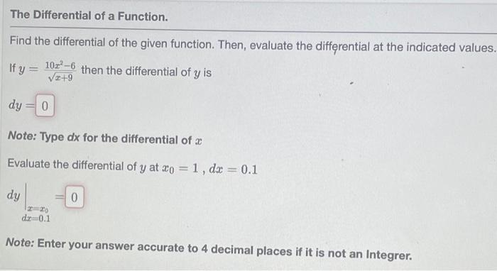 Solved The Differential of a Function. Find the differential | Chegg.com