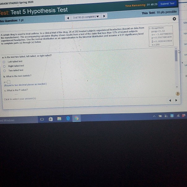 Solved Time Remaining 01 48 29 Submit Test Sta23 Chegg Com