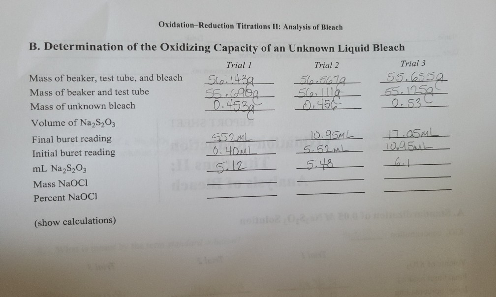 Solved OxidationReduction Titrations II Analysis of Bleach