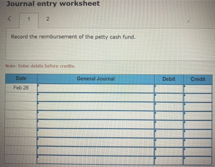 Solved Journal entry worksheet 1 2 Record the reimbursement | Chegg.com
