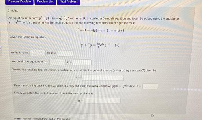 Solved An Equation In The Form Y′ P X Y Q X Yn With N 0 1