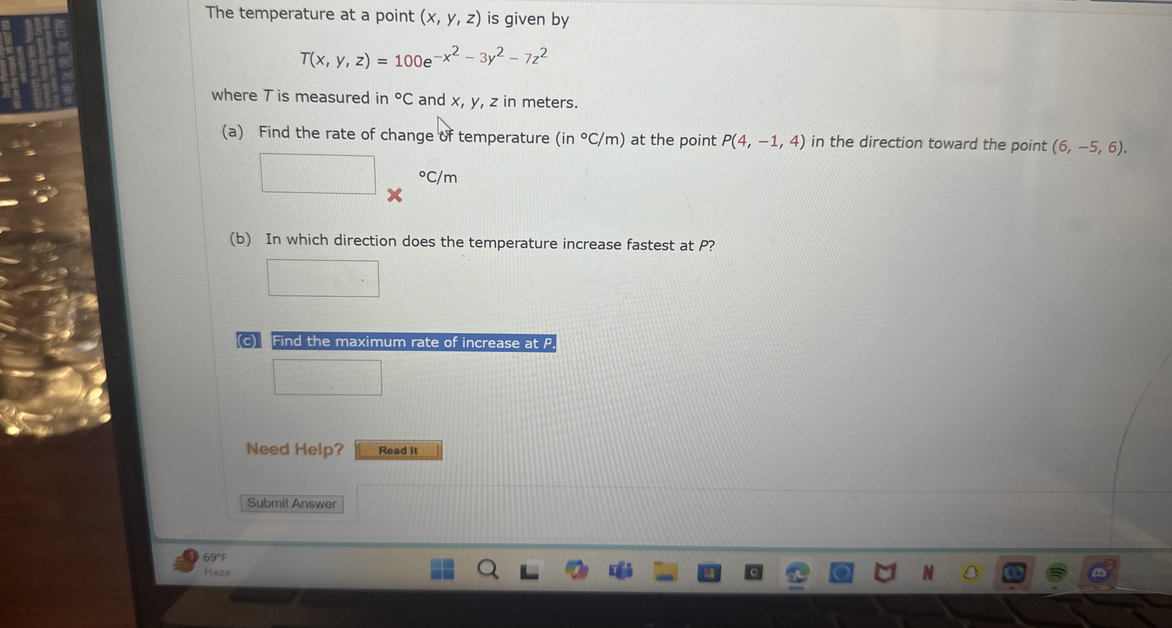 Solved The temperature at a point (x,y,z) ﻿is given | Chegg.com