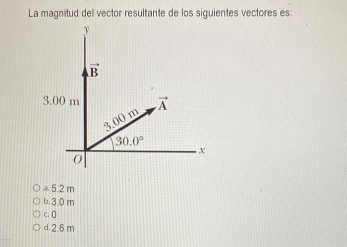 La magnitud del vector resultante de los siguientes vectores es: a. \( 5.2 \mathrm{~m} \) b. \( 3.0 \mathrm{~m} \) c. 0 d. \(