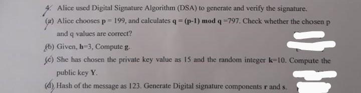 Solved Alice used Digital Signature Algorithm (DSA) to | Chegg.com